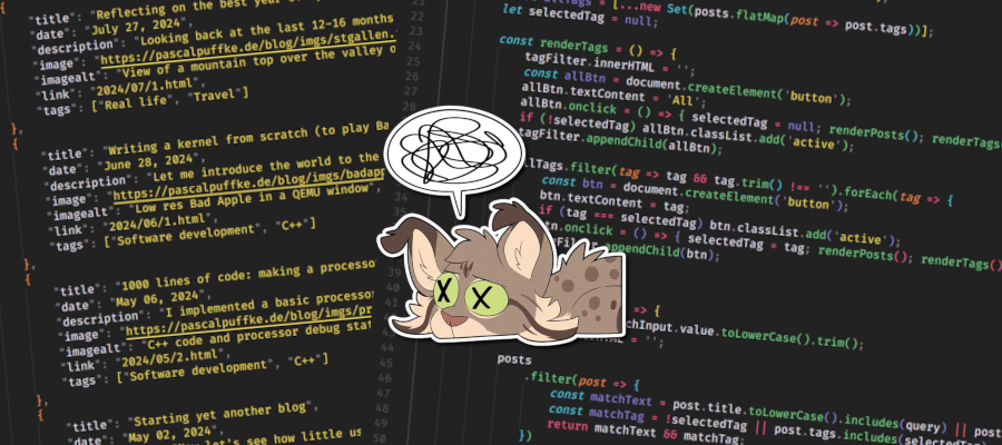 Two panels showing some of the JSON and JavaScript source behind this website, with an exhausted lynx sticker