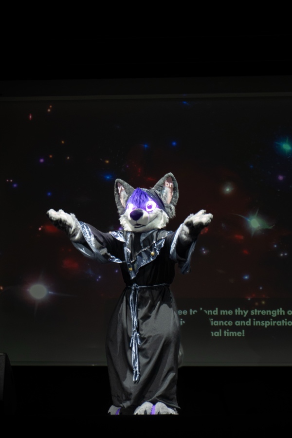 Canine-looking fursuiter in a grey mage-like outfit with purple glowing eyes raising their arms